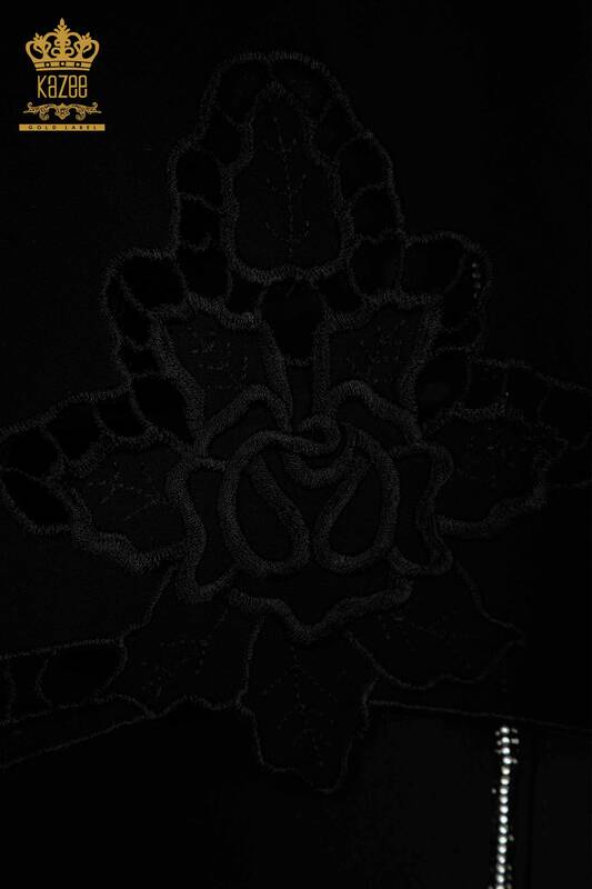 Toptan Kadın Bluz Çiçek Nakışlı Siyah - 79127 | KAZEE
