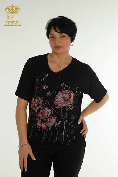 Toptan Kadın Bluz Çiçek Nakışlı Siyah - 79330 | KAZEE - Thumbnail