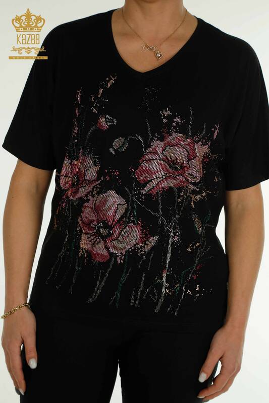 Toptan Kadın Bluz Çiçek Nakışlı Siyah - 79330 | KAZEE