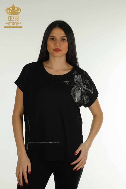 Toptan Kadın Bluz Çiçek Nakışlı Siyah - 79357 | KAZEE