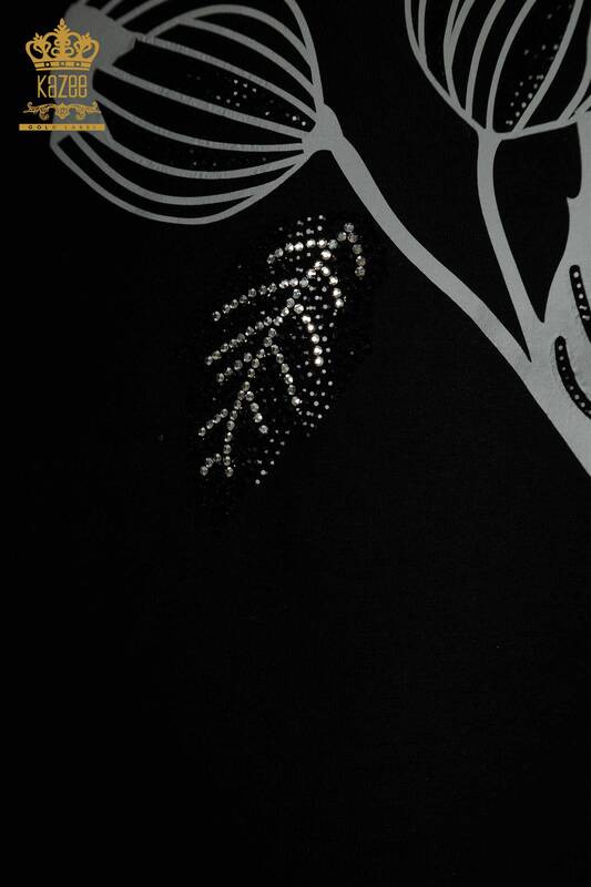 Toptan Kadın Bluz Çiçek Nakışlı Siyah - 79459 | KAZEE