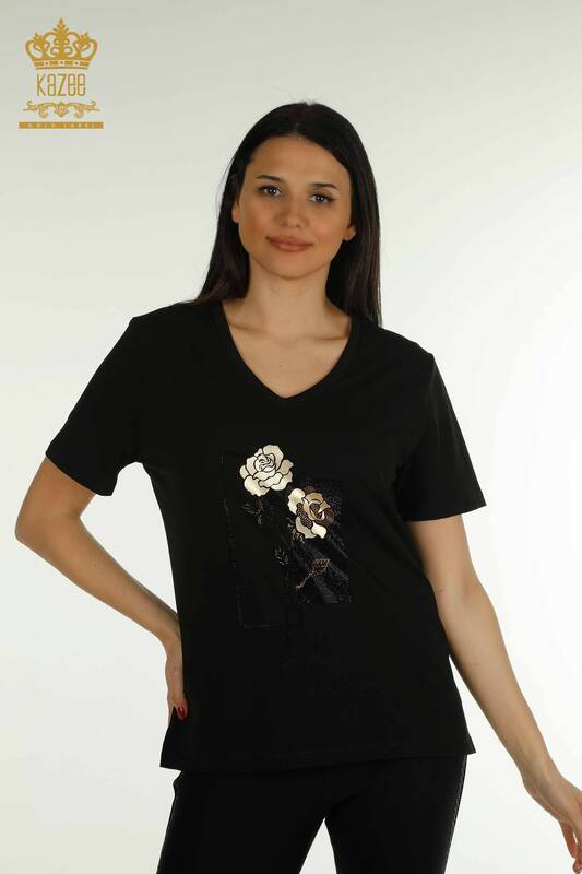 Toptan Kadın Bluz Çiçek Nakışlı Siyah - 79860 | KAZEE