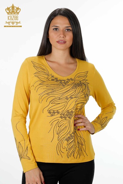Toptan Kadın Bluz Çiçek Taş İşlemeli Kol Detaylı - 79020 | KAZEE - Thumbnail