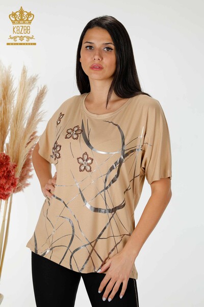 Toptan Kadın Bluz Çizgili Çiçek Desenli Bej - 78894 | KAZEE - Thumbnail