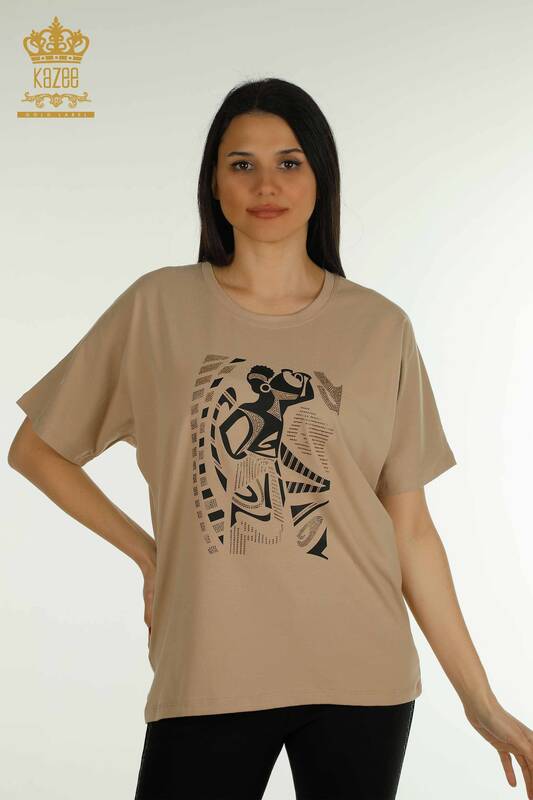 Toptan Kadın Bluz Desenli Bej - 79861 | KAZEE