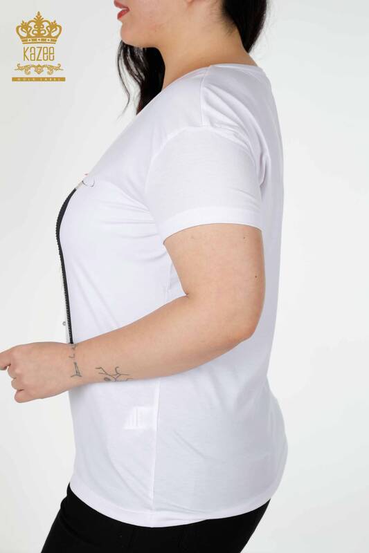 Toptan Kadın Bluz Desenli Beyaz - 79039 | KAZEE
