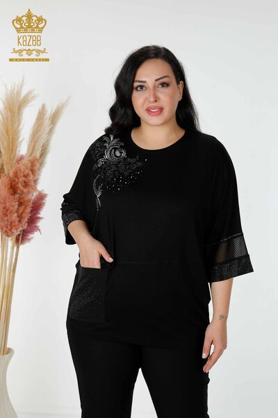 Toptan Kadın Bluz Desenli Cepli Siyah - 79025 | KAZEE