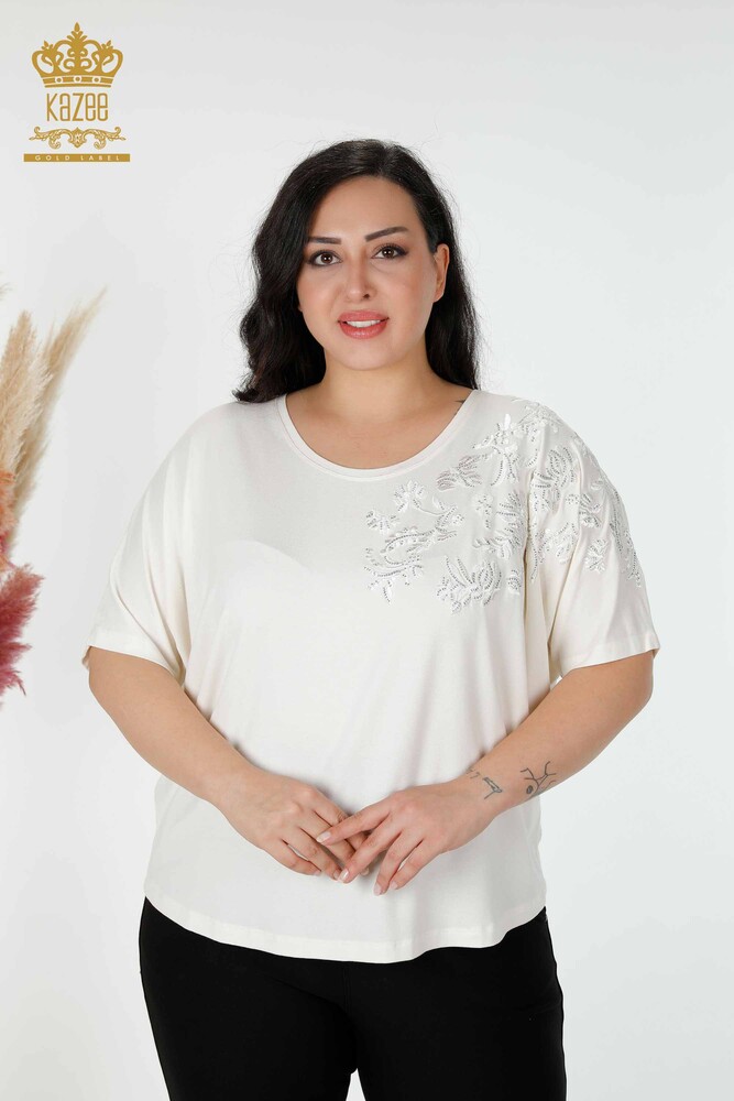 Toptan Kadın Bluz Desenli Ekru - 78889 | KAZEE - 1