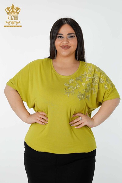 Kazee - Toptan Kadın Bluz Desenli Fıstık Yeşil - 78889 | KAZEE