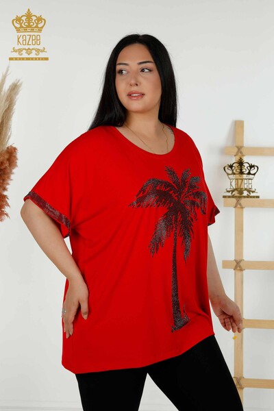 Toptan Kadın Bluz Desenli Kırmızı - 79325 | KAZEE - Thumbnail