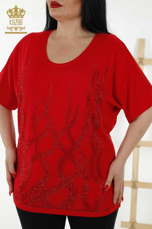 Toptan Kadın Bluz Desenli Kısa Kol Kırmızı - 79070 | KAZEE