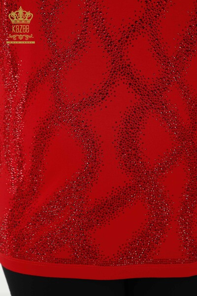 Toptan Kadın Bluz Desenli Kısa Kol Kırmızı - 79070 | KAZEE - Thumbnail