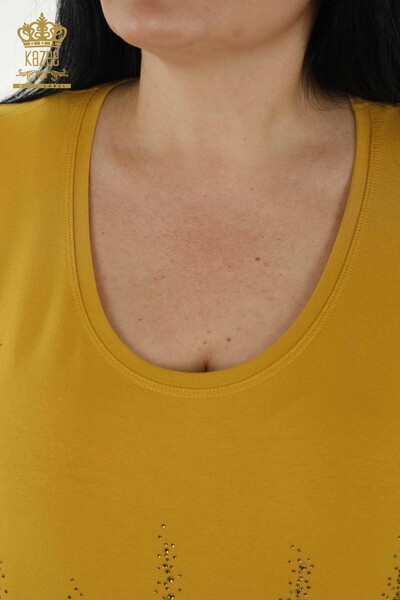 Toptan Kadın Bluz Desenli Kısa Kol Safran - 79070 | KAZEE - Thumbnail
