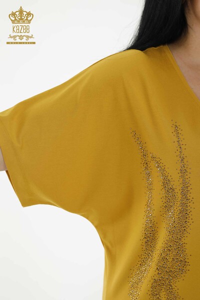 Toptan Kadın Bluz Desenli Kısa Kol Safran - 79070 | KAZEE - Thumbnail