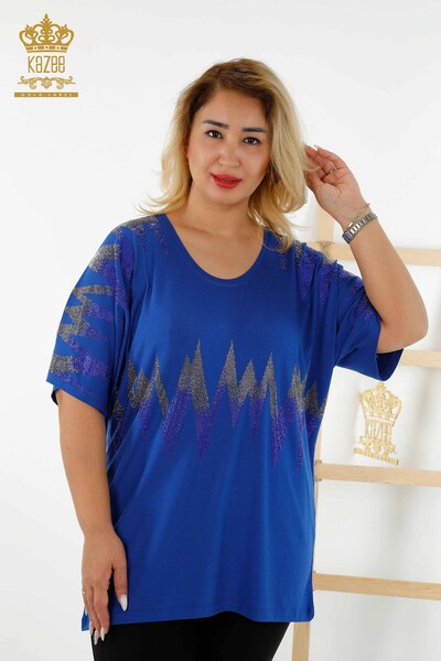 Toptan Kadın Bluz Desenli Kısa Kol Saks - 79109 | KAZEE 