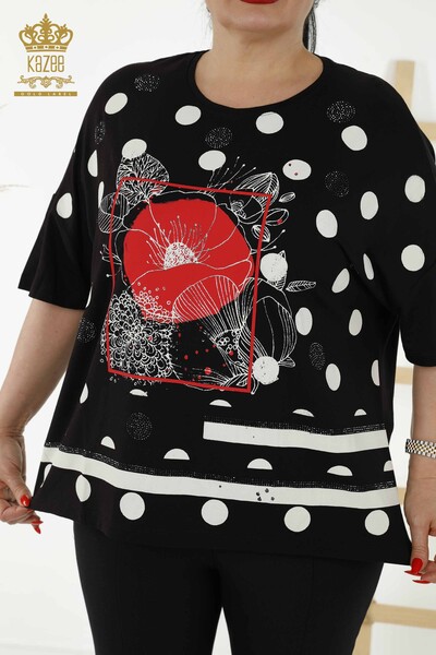 Toptan Kadın Bluz Desenli Kısa Kol Siyah - 79060 | KAZEE - Thumbnail