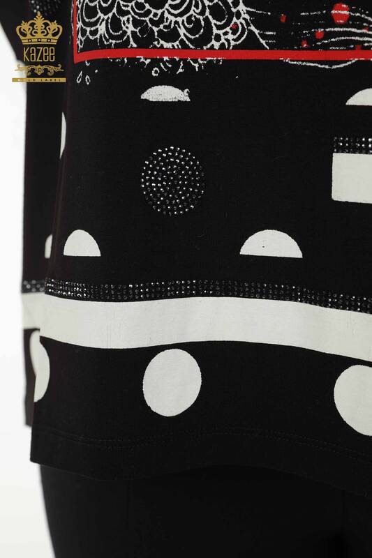 Toptan Kadın Bluz Desenli Kısa Kol Siyah - 79060 | KAZEE