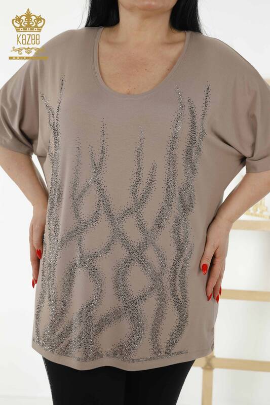 Toptan Kadın Bluz Desenli Kısa Kol Vizon - 79070 | KAZEE
