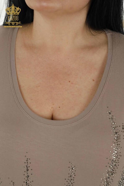 Toptan Kadın Bluz Desenli Kısa Kol Vizon - 79070 | KAZEE - Thumbnail