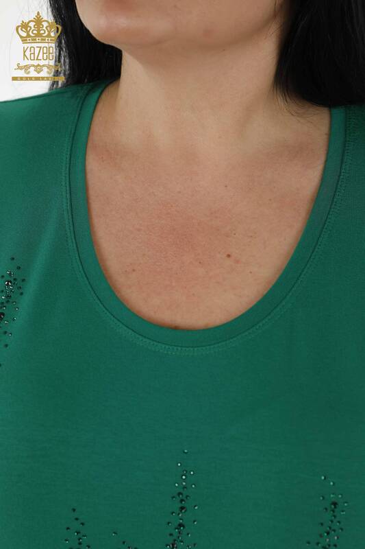 Toptan Kadın Bluz Desenli Kısa Kol Yeşil - 79070 | KAZEE