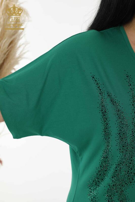 Toptan Kadın Bluz Desenli Kısa Kol Yeşil - 79070 | KAZEE