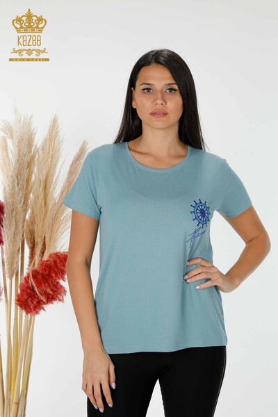 Toptan Kadın Bluz Desenli Mavi - 78925 | KAZEE - Thumbnail