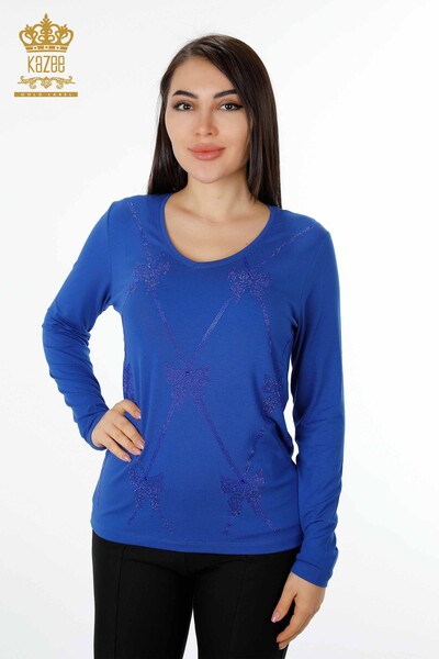 Toptan Kadın Bluz Desenli Saks - 79003 | KAZEE - Thumbnail