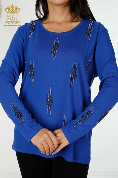 Toptan Kadın Bluz Desenli Saks - 79043 | KAZEE - Thumbnail