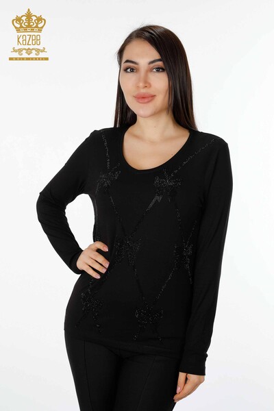 Toptan Kadın Bluz Desenli Siyah - 79003 | KAZEE - Thumbnail