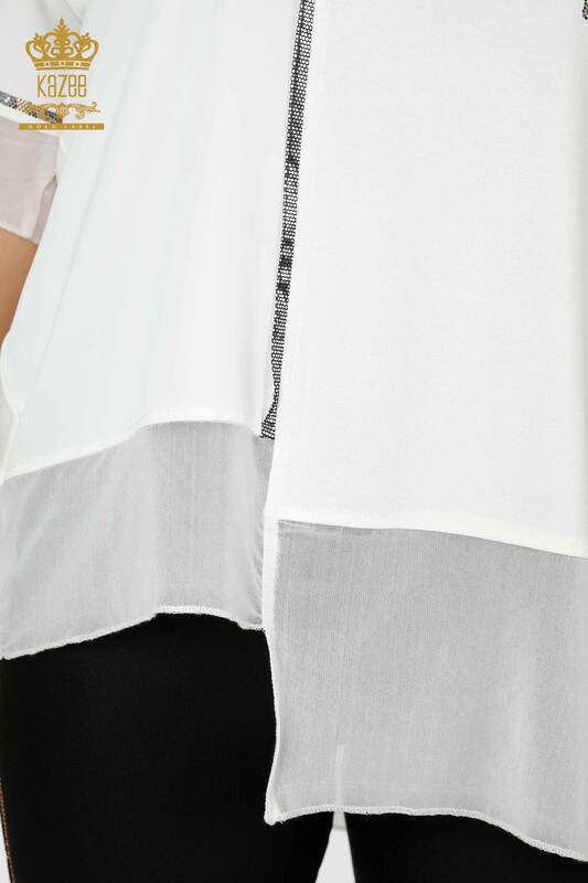 Toptan Kadın Bluz Desenli Tül Detaylı Ekru - 79027 | KAZEE