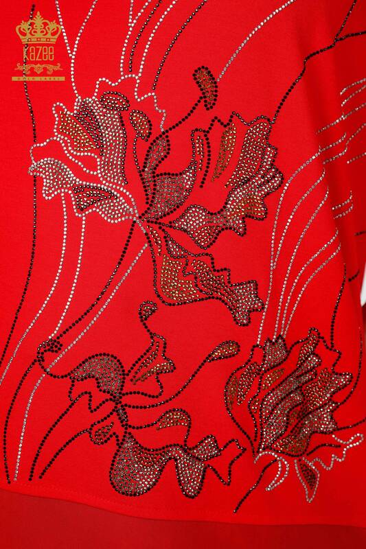 Toptan Kadın Bluz Desenli Tül Detaylı Kırmızı - 79027 | KAZEE