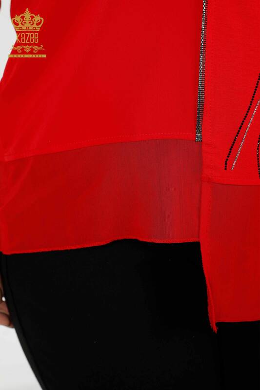 Toptan Kadın Bluz Desenli Tül Detaylı Kırmızı - 79027 | KAZEE