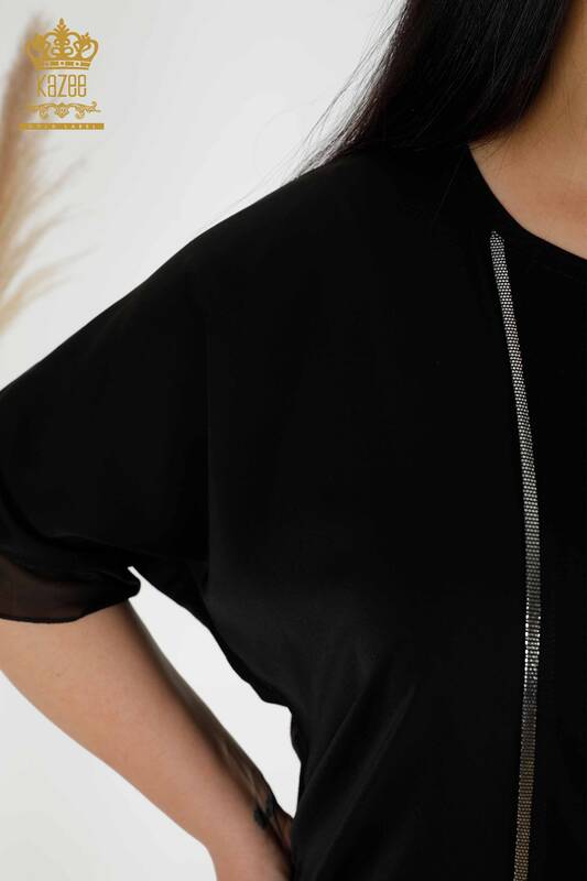Toptan Kadın Bluz Desenli Tül Detaylı Siyah - 79027 | KAZEE
