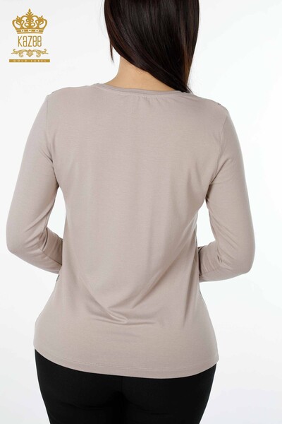 Toptan Kadın Bluz Desenli Vizon - 79003 | KAZEE - Thumbnail