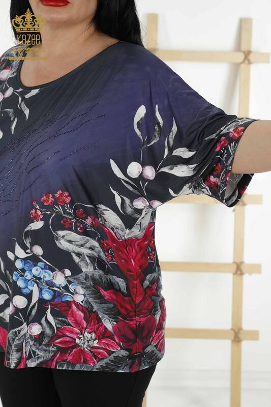 Toptan Kadın Bluz Dijital Baskı Lacivert - 12040 | KAZEE