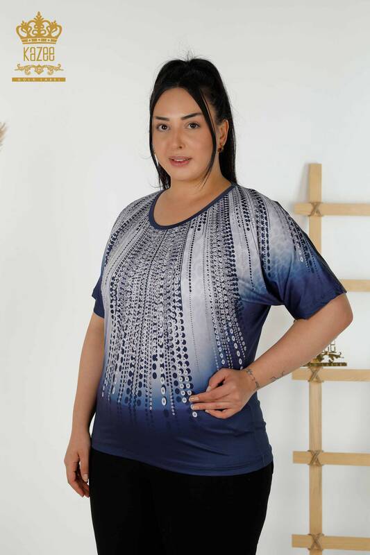 Toptan Kadın Bluz Dijital Baskı Lacivert - 77804 | KAZEE