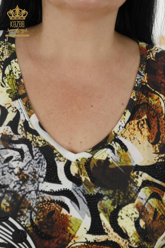Toptan Kadın Bluz Dijital Baskı Safran - 12028 | KAZEE