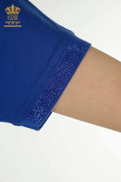 Toptan Kadın Bluz Düğme Detaylı Saks - 79297 | KAZEE - Thumbnail