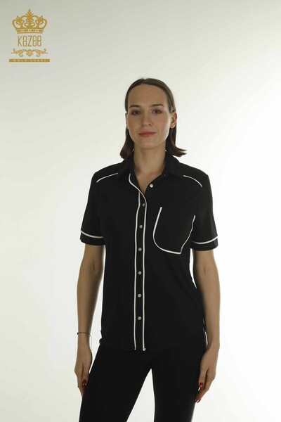 Kazee - Toptan Kadın Bluz Düğme Detaylı Siyah - 79570 | KAZEE