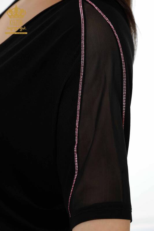 Toptan Kadın Bluz Flamingo Desenli Siyah - 78864 | KAZEE