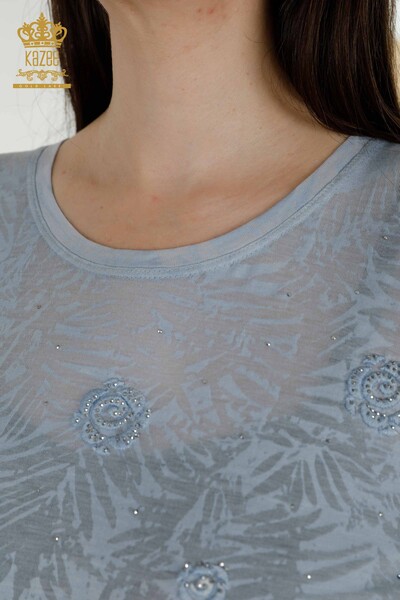 Toptan Kadın Bluz Gül Desenli İndigo - 79131 | KAZEE - Thumbnail