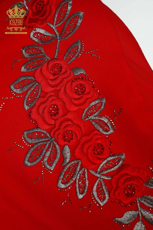 Toptan Kadın Bluz Gül Desenli Kırmızı - 79095 | KAZEE