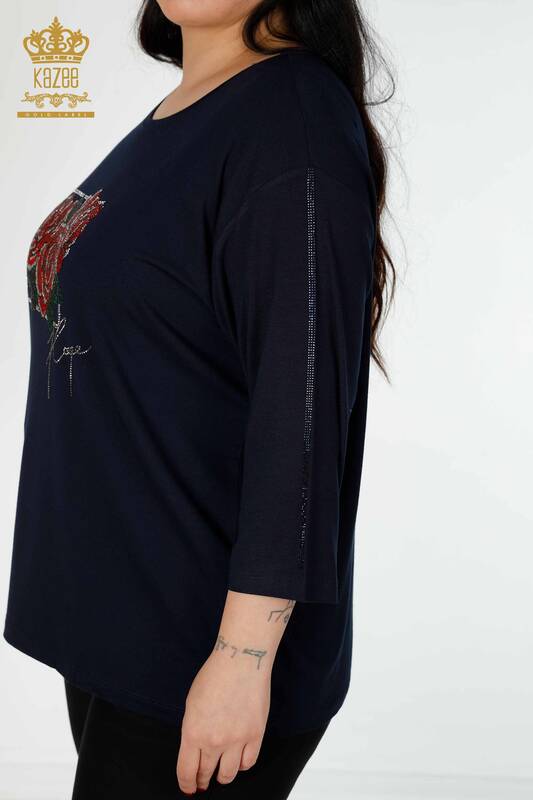 Toptan Kadın Bluz Gül Desenli Lacivert - 78951 | KAZEE