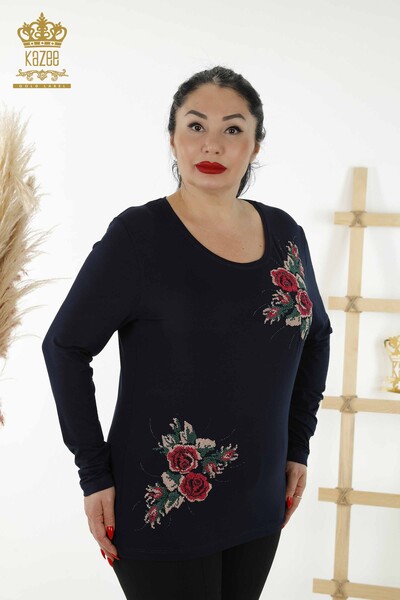 Toptan Kadın Bluz Gül Desenli Lacivert - 79046 | KAZEE 