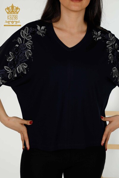 Toptan Kadın Bluz Gül Desenli Lacivert - 79095 | KAZEE - Thumbnail