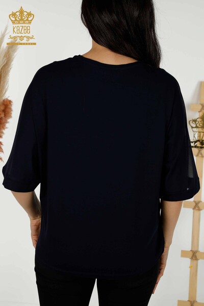 Toptan Kadın Bluz Gül Desenli Lacivert - 79095 | KAZEE - Thumbnail