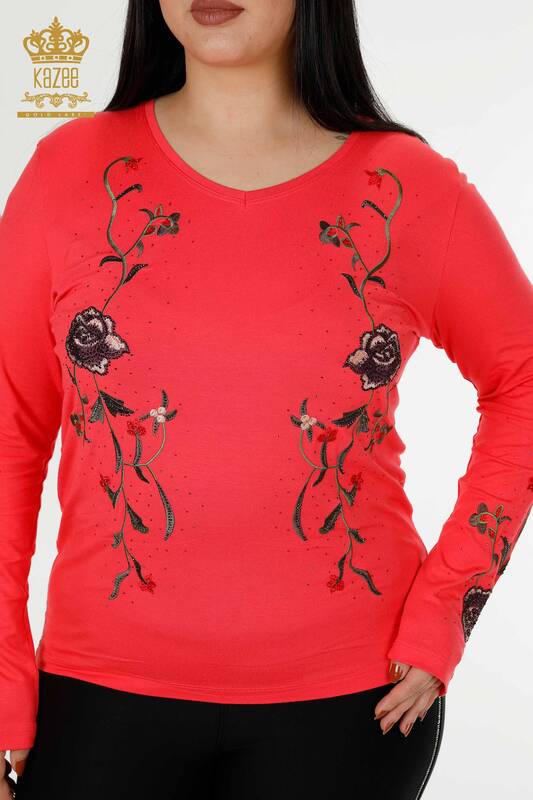 Toptan Kadın Bluz Gül Desenli Nar Çiçeği - 79044 | KAZEE