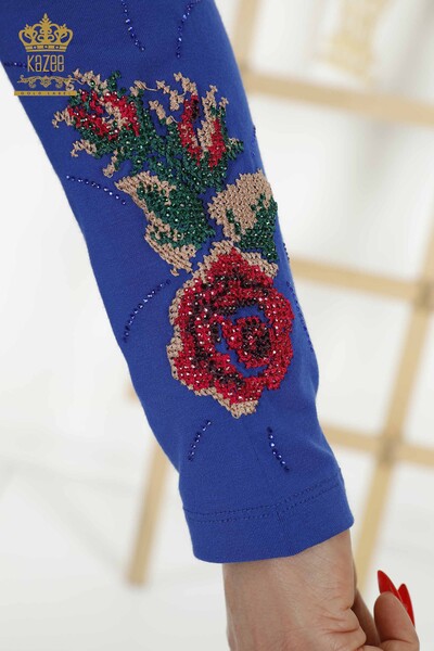 Toptan Kadın Bluz Gül Desenli Saks - 79046 | KAZEE - 6