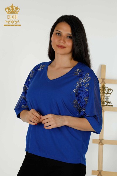 Toptan Kadın Bluz Gül Desenli Saks - 79095 | KAZEE