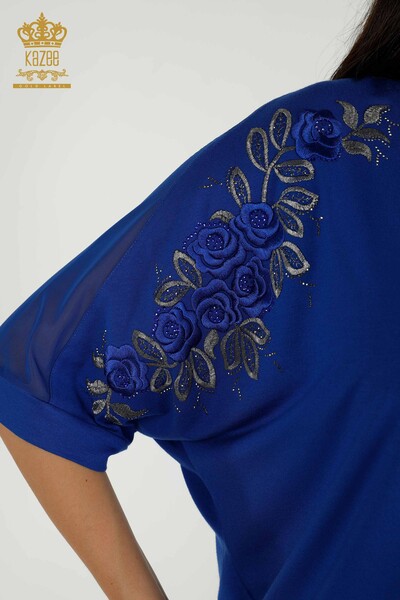 Toptan Kadın Bluz Gül Desenli Saks - 79095 | KAZEE - Thumbnail